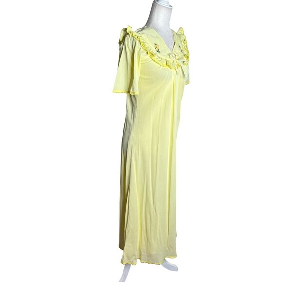 Vintage Nylon Nightgown Ruffled Collar Small Yellow Floral Embroidery Maxi - Picture 3 of 10